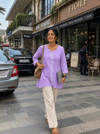 Gharana India Luxury Rayon Lilac Coloured Chikankari Top