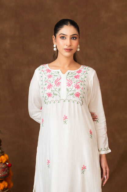 Gharana India Muslin Kurta In Multi Colour Embroidery