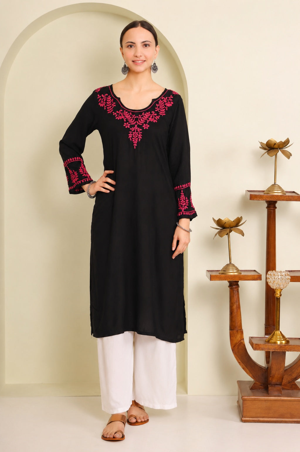 Gharana India Half Modal Black Chikankari Kurta With Pink Coloured Thread Embroidery