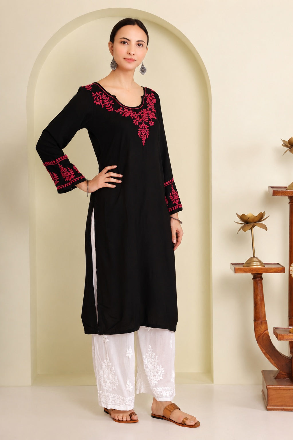 Gharana India Half Modal Black Chikankari Kurta With Pink Coloured Thread Embroidery