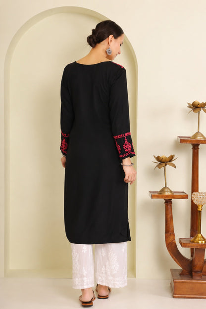 Gharana India Half Modal Black Chikankari Kurta With Pink Coloured Thread Embroidery
