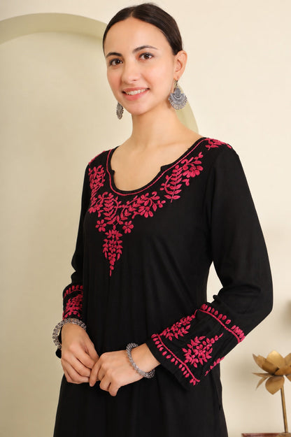 Gharana India Half Modal Black Chikankari Kurta With Pink Coloured Thread Embroidery