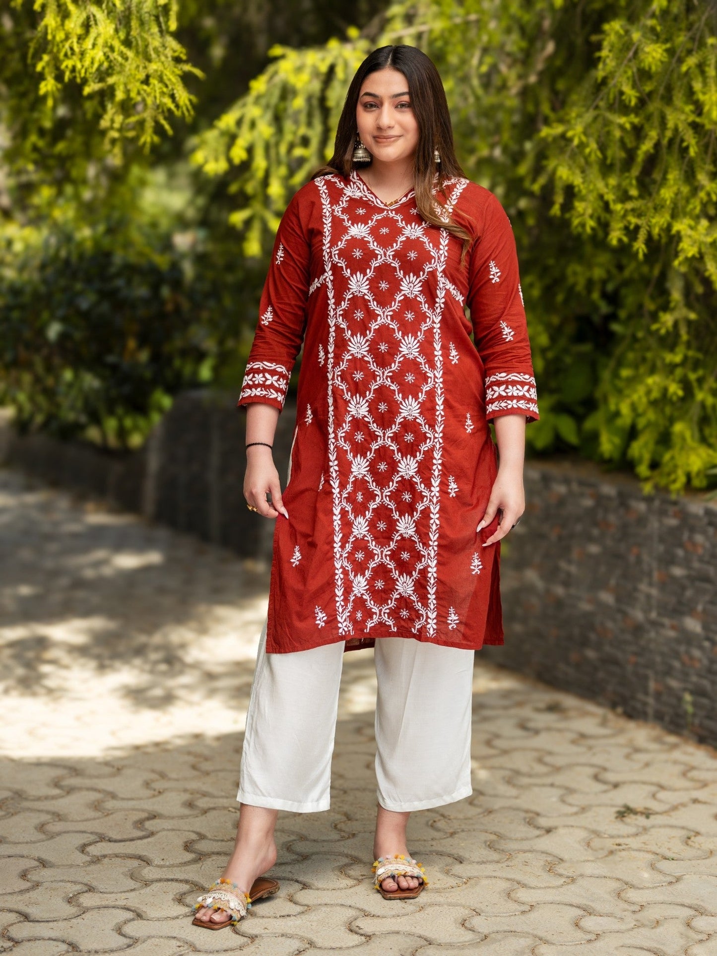 Gharana India Mul Cotton Maroon Kurta With Fine Chikankari Heavy Embroidery In White Thread