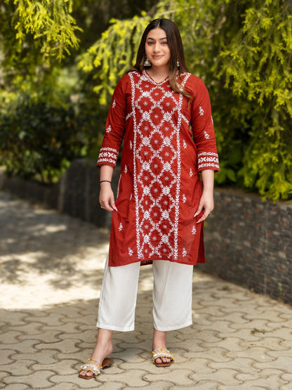 Gharana India Mul Cotton Maroon Kurta With Fine Chikankari Heavy Embroidery In White Thread
