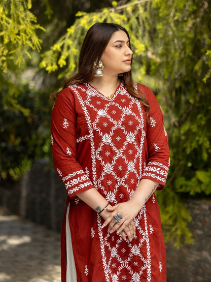 Gharana India Mul Cotton Maroon Kurta With Fine Chikankari Heavy Embroidery In White Thread