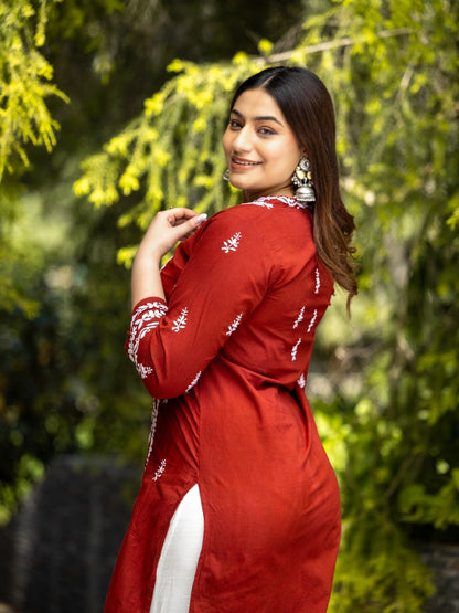 Gharana India Mul Cotton Maroon Kurta With Fine Chikankari Heavy Embroidery In White Thread