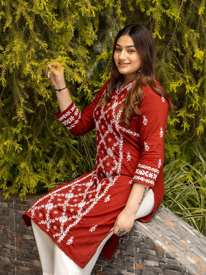 Gharana India Mul Cotton Maroon Kurta With Fine Chikankari Heavy Embroidery In White Thread