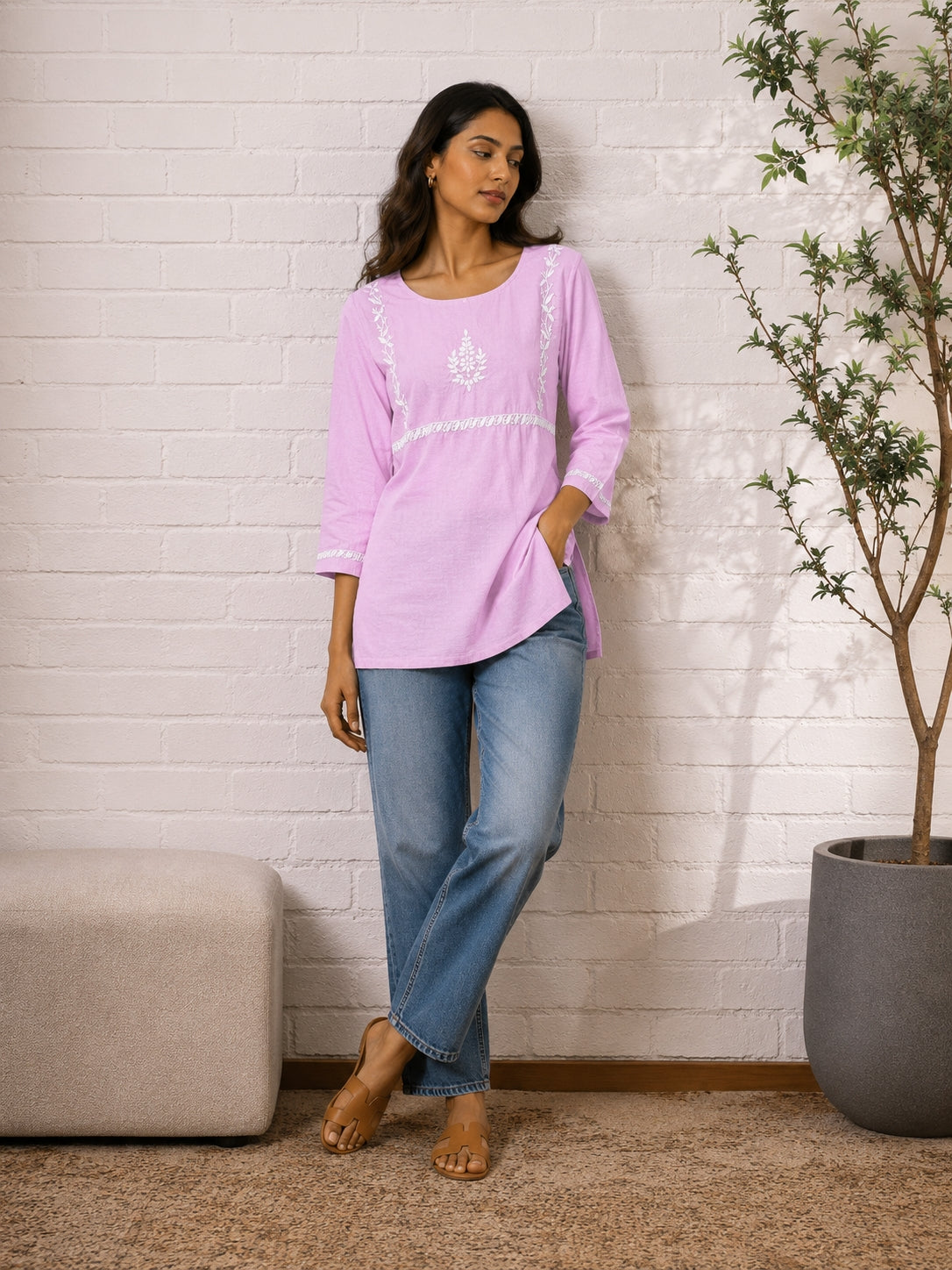 Gharana India Saheba Chikankari Lavender Cotton Top