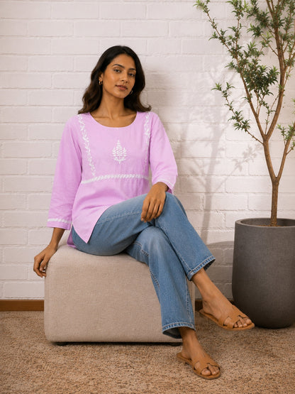 Gharana India Saheba Chikankari Lavender Cotton Top