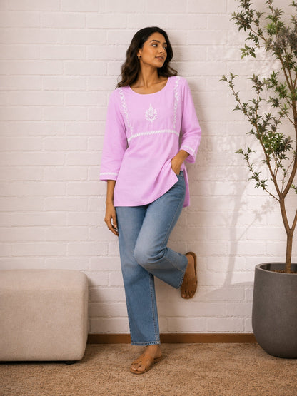 Gharana India Saheba Chikankari Lavender Cotton Top