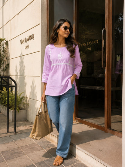 Gharana India Saheba Chikankari Lavender Cotton Top