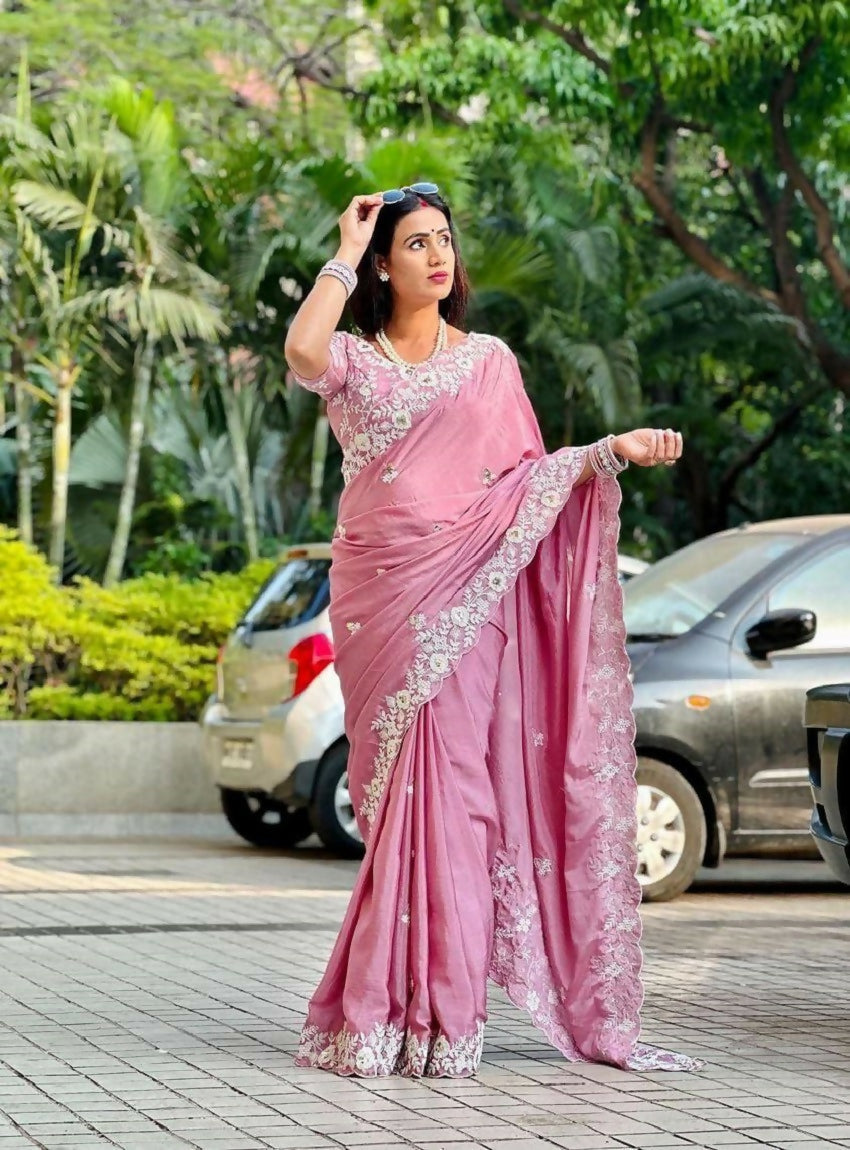 Teeya Creation New Womens Trendy Stylish Embroidered Work Saree-Beige