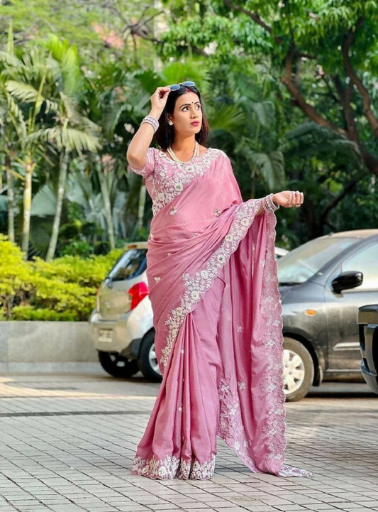 Teeya Creation New Womens Trendy Stylish Embroidered Work Saree-Beige