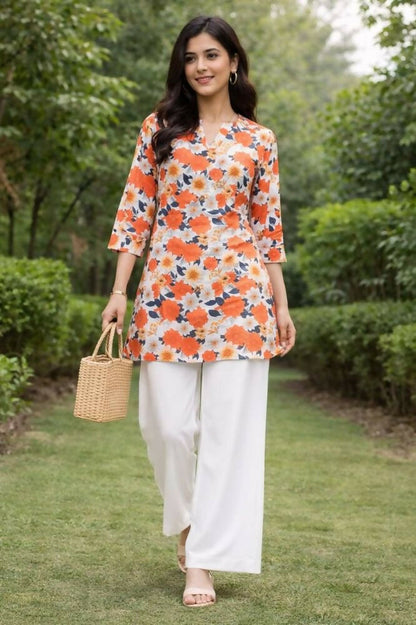 Teeya Creation Womens New Trendy Orange Flower Floral Printed Short Kurti with Beige Palazzo Set