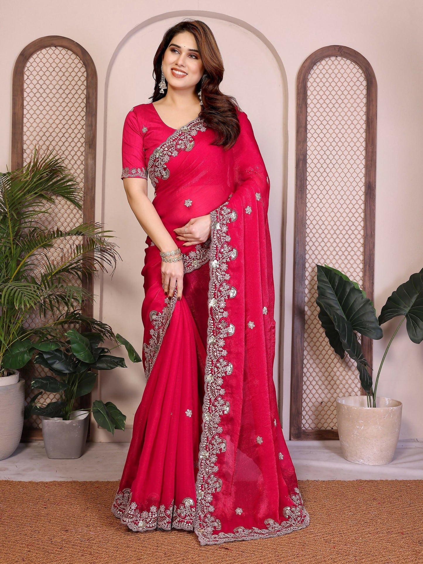 Teeya Creation New Womens Latest Party Wear Soft Chiffon Silk Saree-Pink