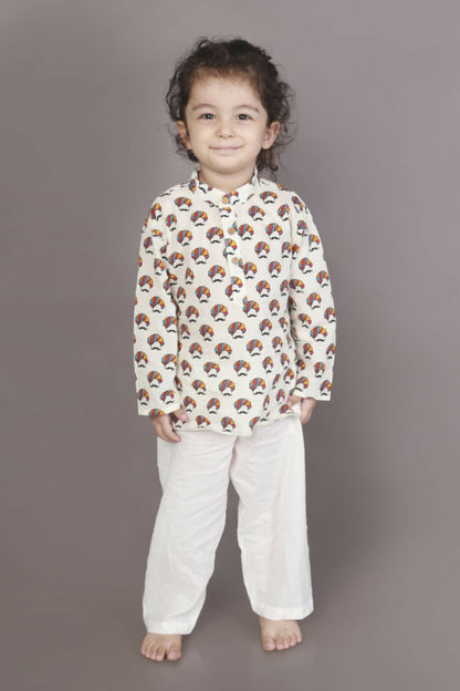 Breathables Kids Cotton Night Suit  White Turban Print Kurta & Pyjama Co-Ord Set For Boys & Girls