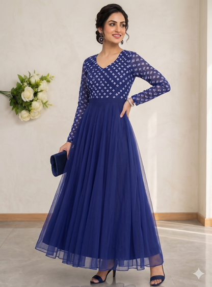 Teeya Creation Women's Royal Blue Bandhani Print Anarkali Gown