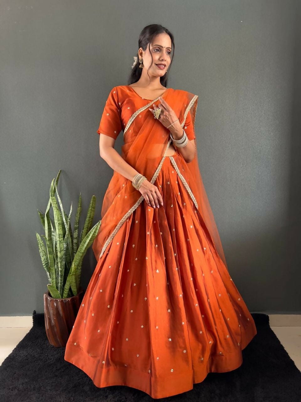 Teeya Creation New Trendy Stylist South Style Lehenga Choli Set - Orange