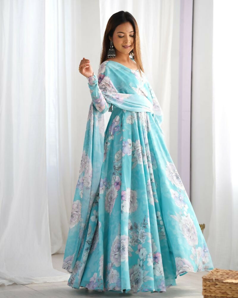 The52 Women's Gorgeous Printed Fox Georgette Fabric Flared Anarkali and Dupatta Set