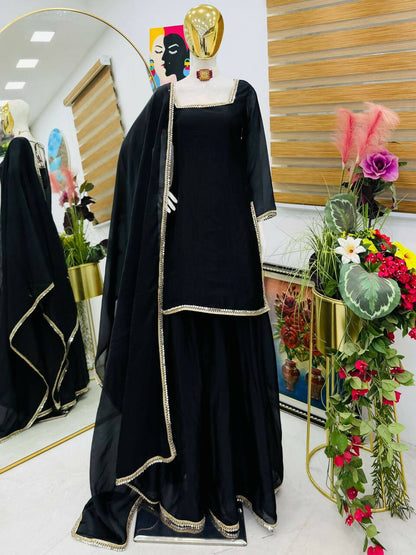 Teeya Creation Womens New Trending Less and Mirror Work Kurta Palazzo Set - Black