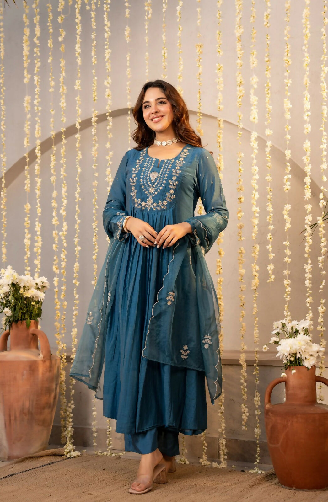 The52 Women's Beautiful Embroidery Work Chanderi Silk Fabric Flared Kurta Pant and Dupatta Set-Rama