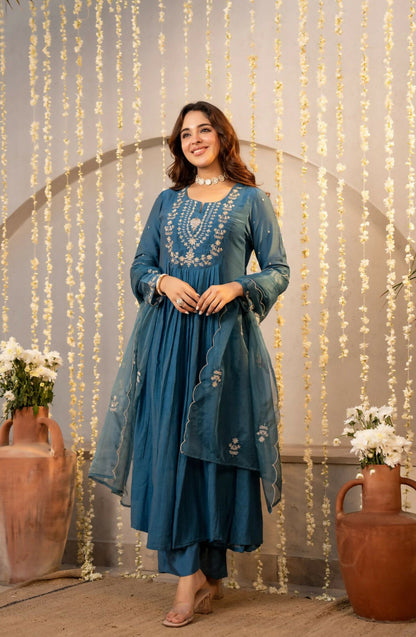 The52 Women's Beautiful Embroidery Work Chanderi Silk Fabric Flared Kurta Pant and Dupatta Set-Rama
