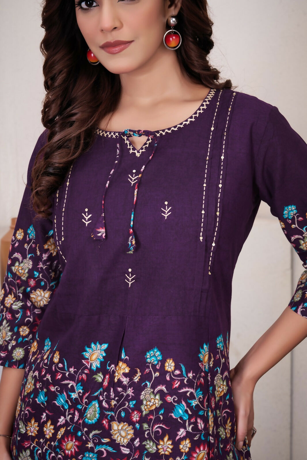 Teeya Creation Wine Floral Printed Short Kurta With Straight Pants Co-Ord Set