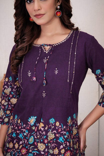 Teeya Creation Wine Floral Printed Short Kurta With Straight Pants Co-Ord Set