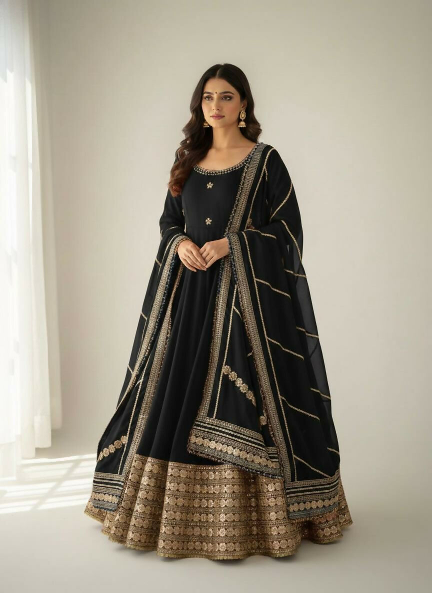 Teeya Creation Womens New Fancy Silk Heavy Quality Fabric With Handwork Black Gown Set