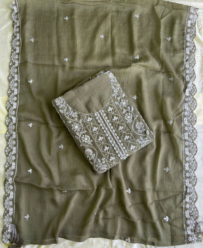 KC Mahendi Green Pakistani Straight Suit For Women Chiffon