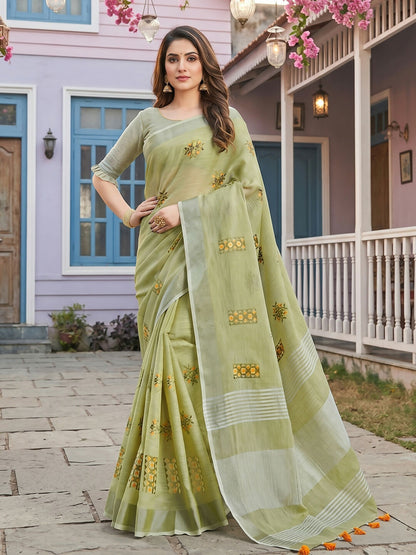 Shree Shyam Fashion Pista Green Linen Saree