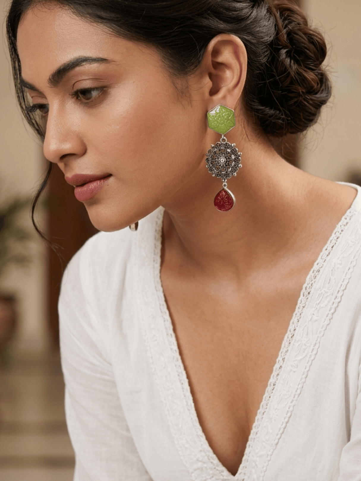 Silver plated german silver green drop earring