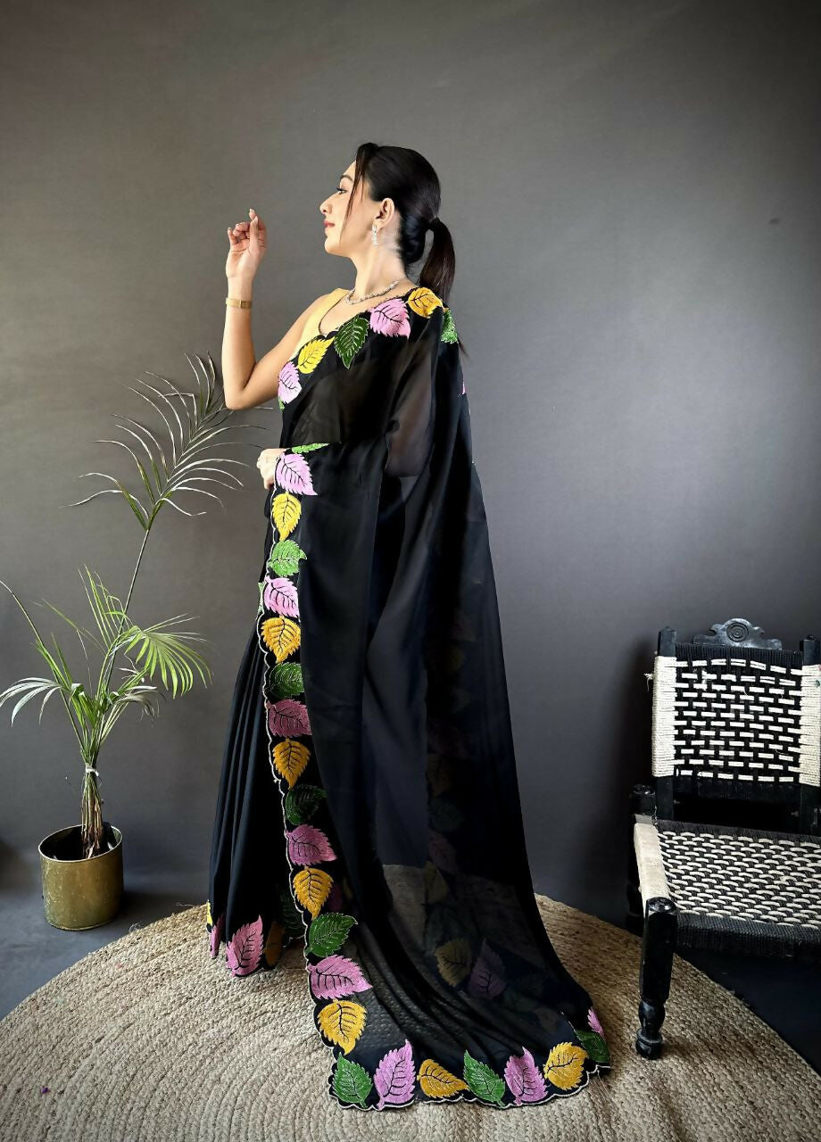 Prime Volt Multicolor Leaf Embroidery Rangoli Silk Saree with Scalloped Border-Black