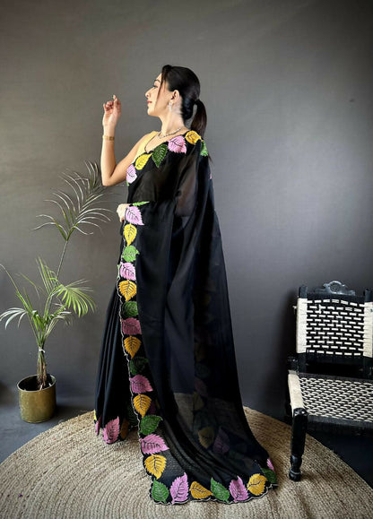 Prime Volt Multicolor Leaf Embroidery Rangoli Silk Saree with Scalloped Border-Black