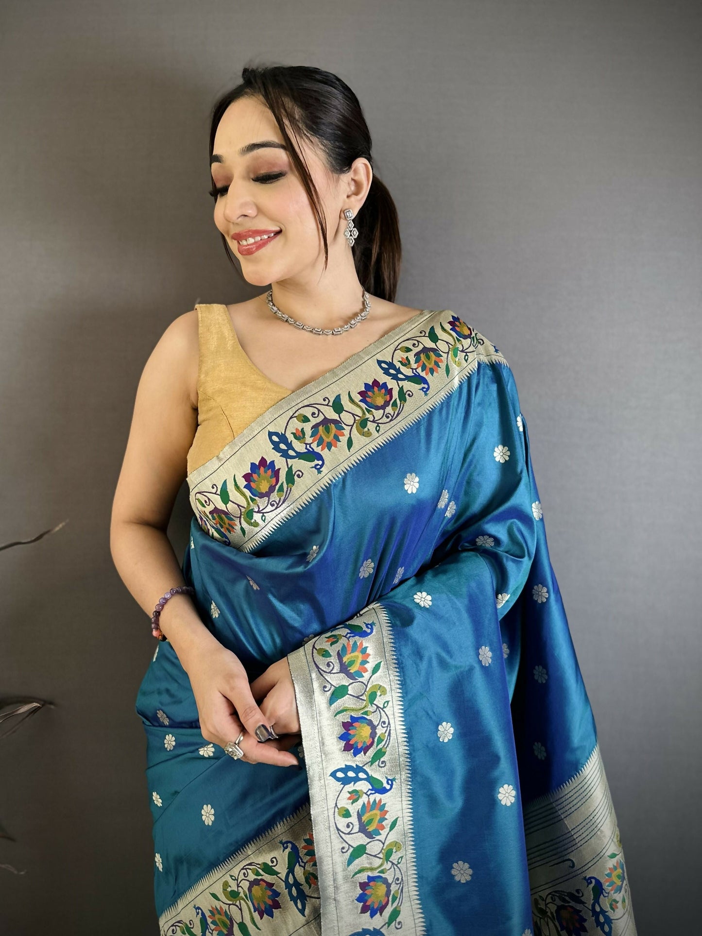 Prime Volt Premium Soft Silk Mayur Paithani Saree with Peacock Meena Weaving & Rich Pallu-Peacock Blue