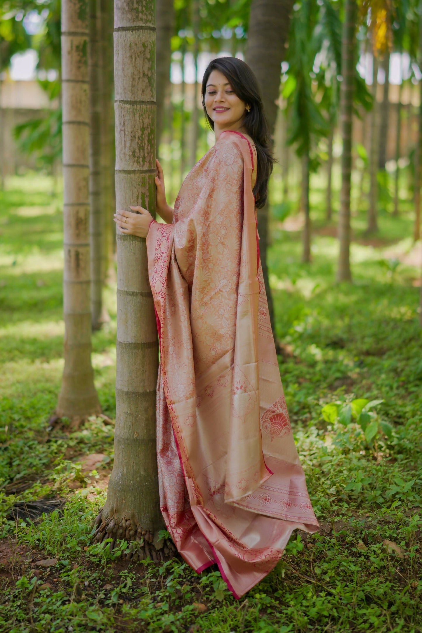 Prime Volt Bridal Kanchipuram Silk Saree with Rich Zari Weaving & Contrast Border-Orange