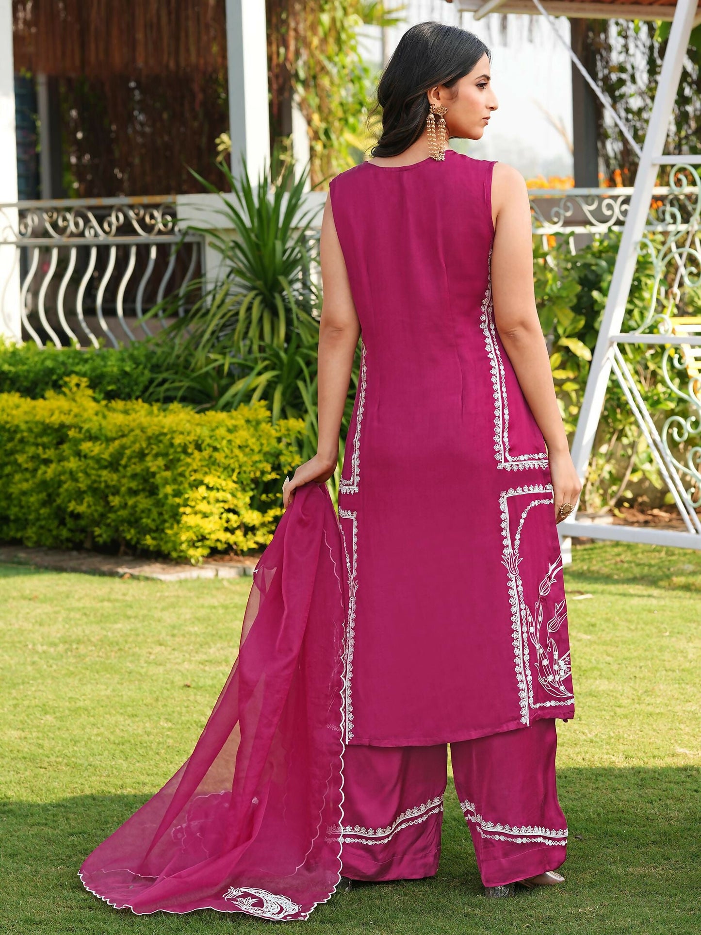 Nikhaar Pink Embroidered Modal Silk Stitched Straight Cut Kurta Culottes Dupatta Readymade Suit