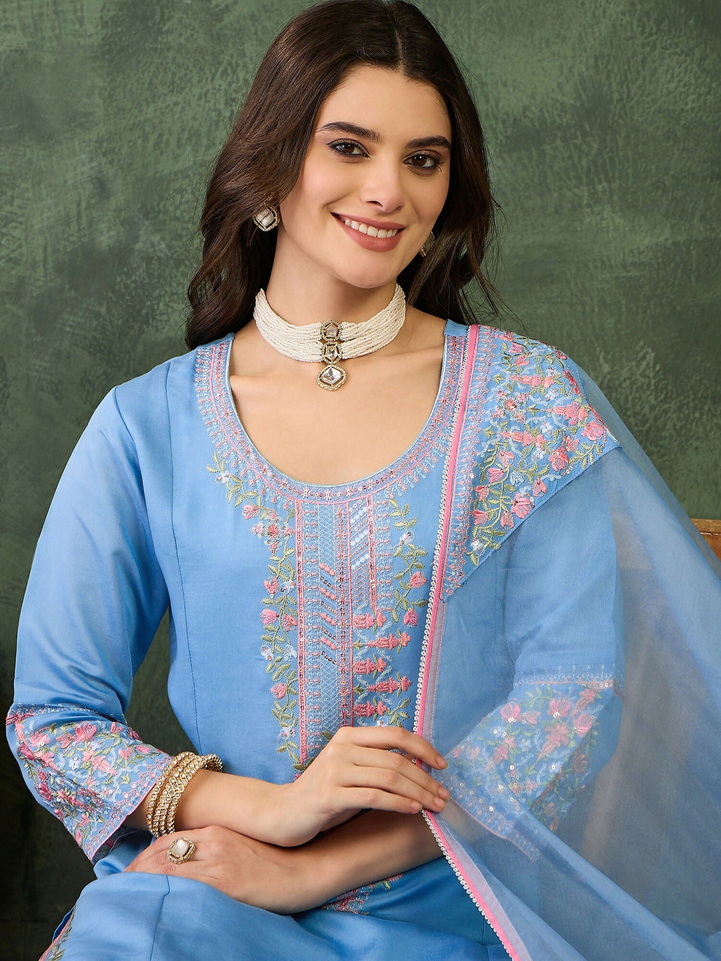 The52 Women's Gorgeous Embroidery Work Viscose Silk Fabric Straight Kurta Pant and Dupatta Set-Sky