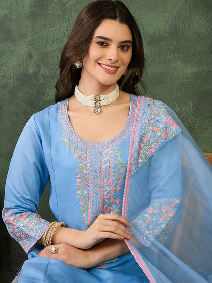 The52 Women's Gorgeous Embroidery Work Viscose Silk Fabric Straight Kurta Pant and Dupatta Set-Sky
