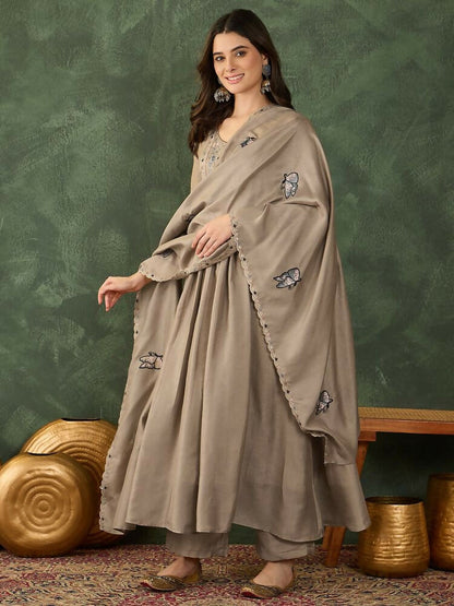 The52 Women's Gorgeous Embroidery Work Vichitra SIlk Fabric Flared Anarkali Pant and Dupatta Set