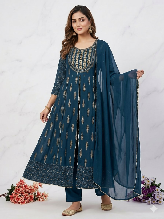 Teeya Creation Women's Teal Blue Fully Stitched Anarkali Suit With Pant And Dupatta