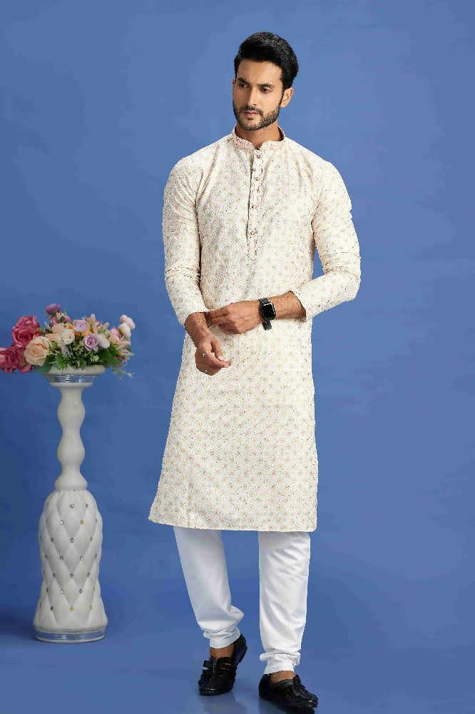 Raivat Ethnic Cotton Embroidery Kurta Pajama In Beige and Yellow Colour