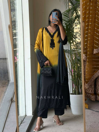 Teeya Creation Women's Trendy Stylish French Crepe Silk Yellow Kurta Set