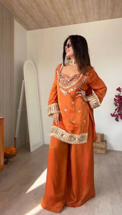 Teeya Creation New Trendy Stylish Real Mirror Work With Lace Border Orange Kurta Set