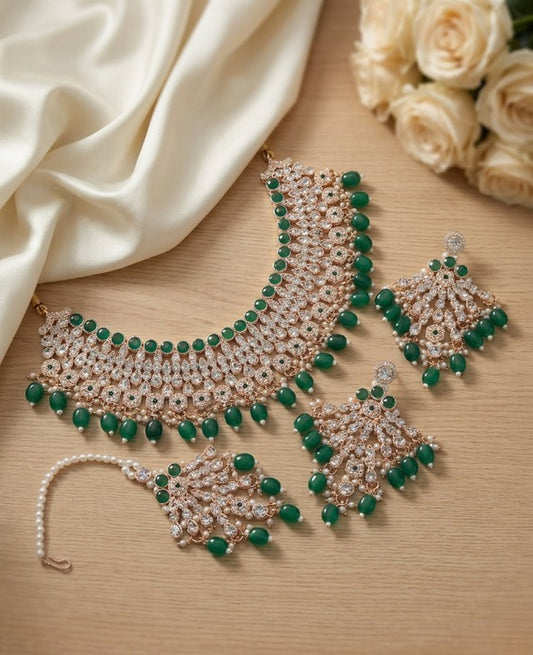 Jewel City Green Kundan Choker Necklace Set with Earrings & Maang Tikka | Indian Bridal Wedding & Bollywood Festival Jewelry