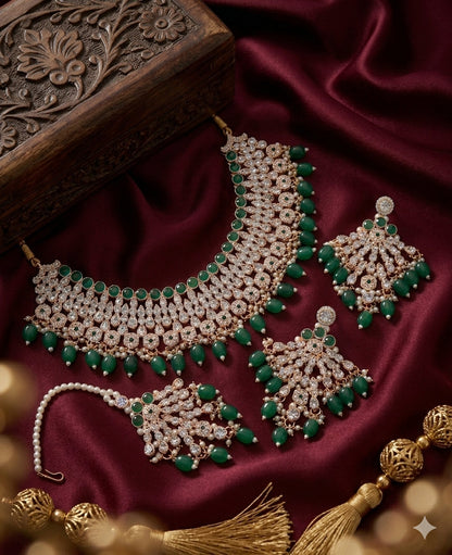 Jewel City Green Kundan Choker Necklace Set with Earrings & Maang Tikka | Indian Bridal Wedding & Bollywood Festival Jewelry