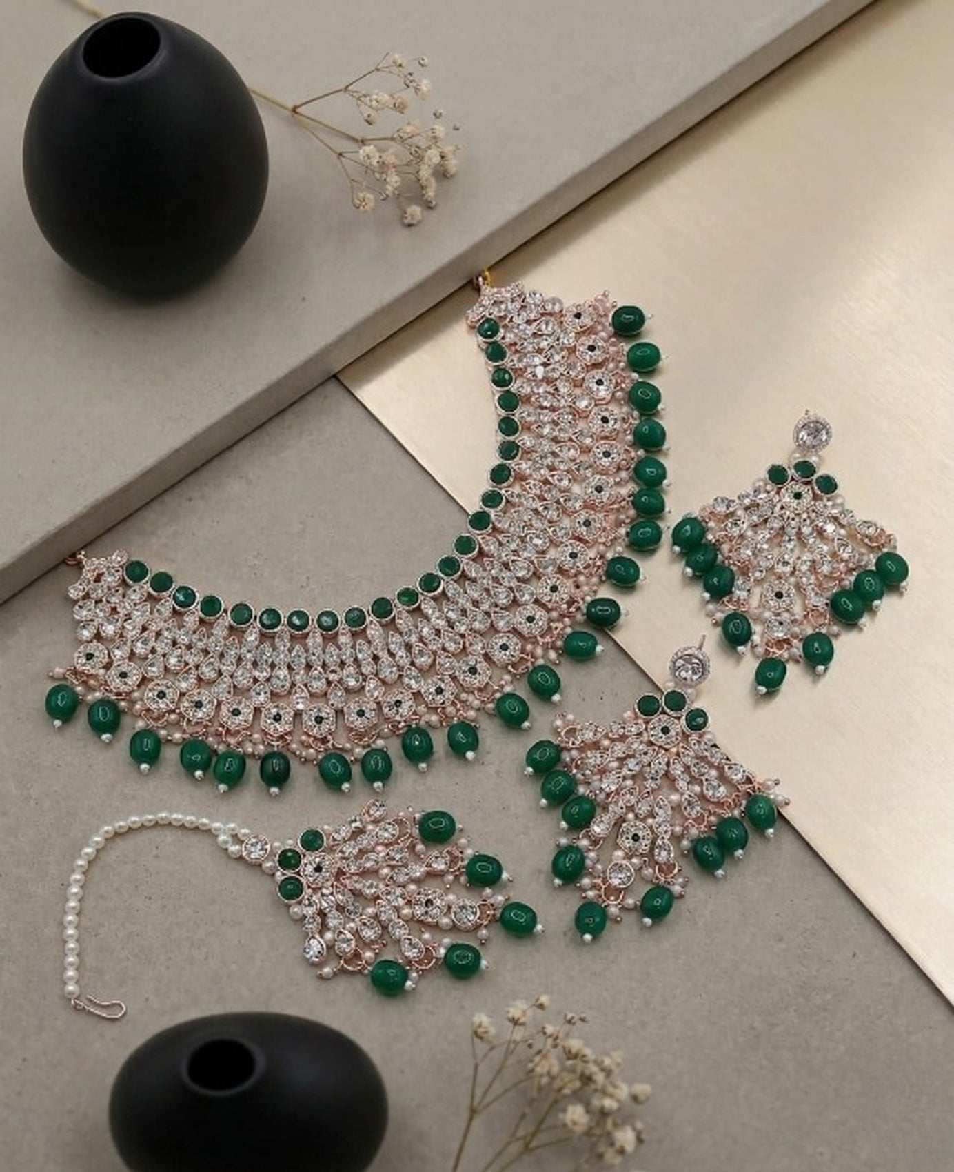 Jewel City Green Kundan Choker Necklace Set with Earrings & Maang Tikka | Indian Bridal Wedding & Bollywood Festival Jewelry