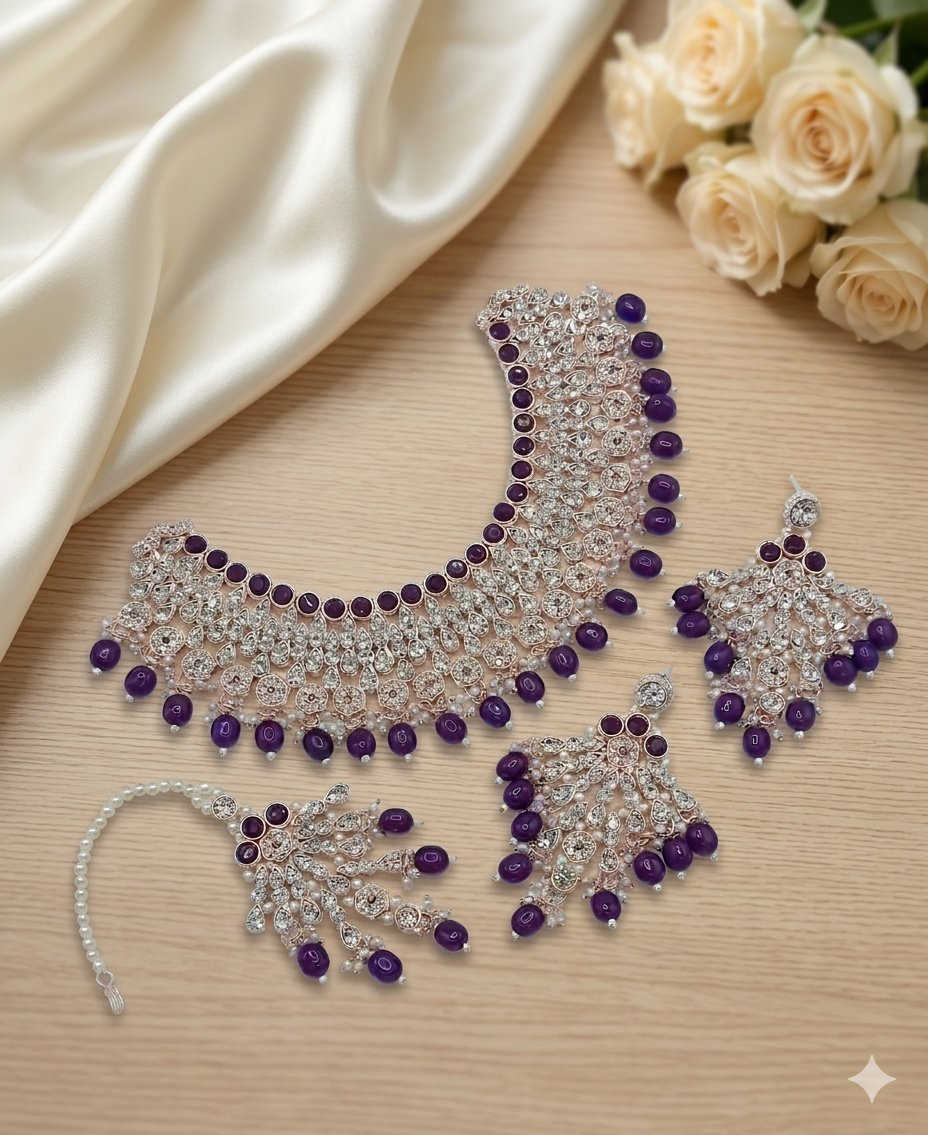 Jewel City Purple Kundan Choker Necklace Set with Earrings & Maang Tikka | Indian Bridal Wedding & Bollywood Festival Jewelry