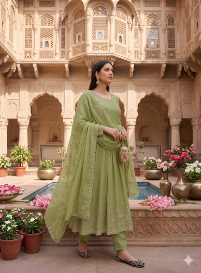 Teeya Creation Elegant Pista Green Embroidered Anarkali Kurta Set With Mirror Work Dupatta