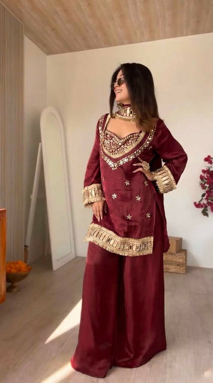 Teeya Creation New Trendy Stylish Real Mirror Work With Lace Border Maroon Kurta Set
